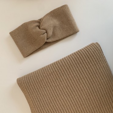 Beige set: scarf and headband, 100% merino wool