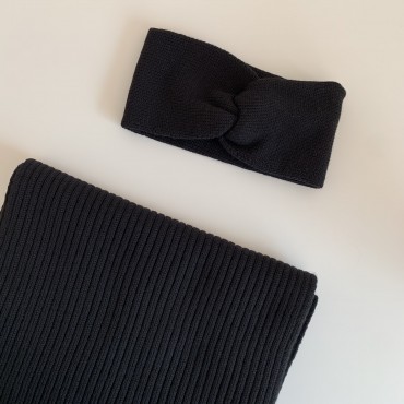 Black set: scarf and headband, 100% merino wool