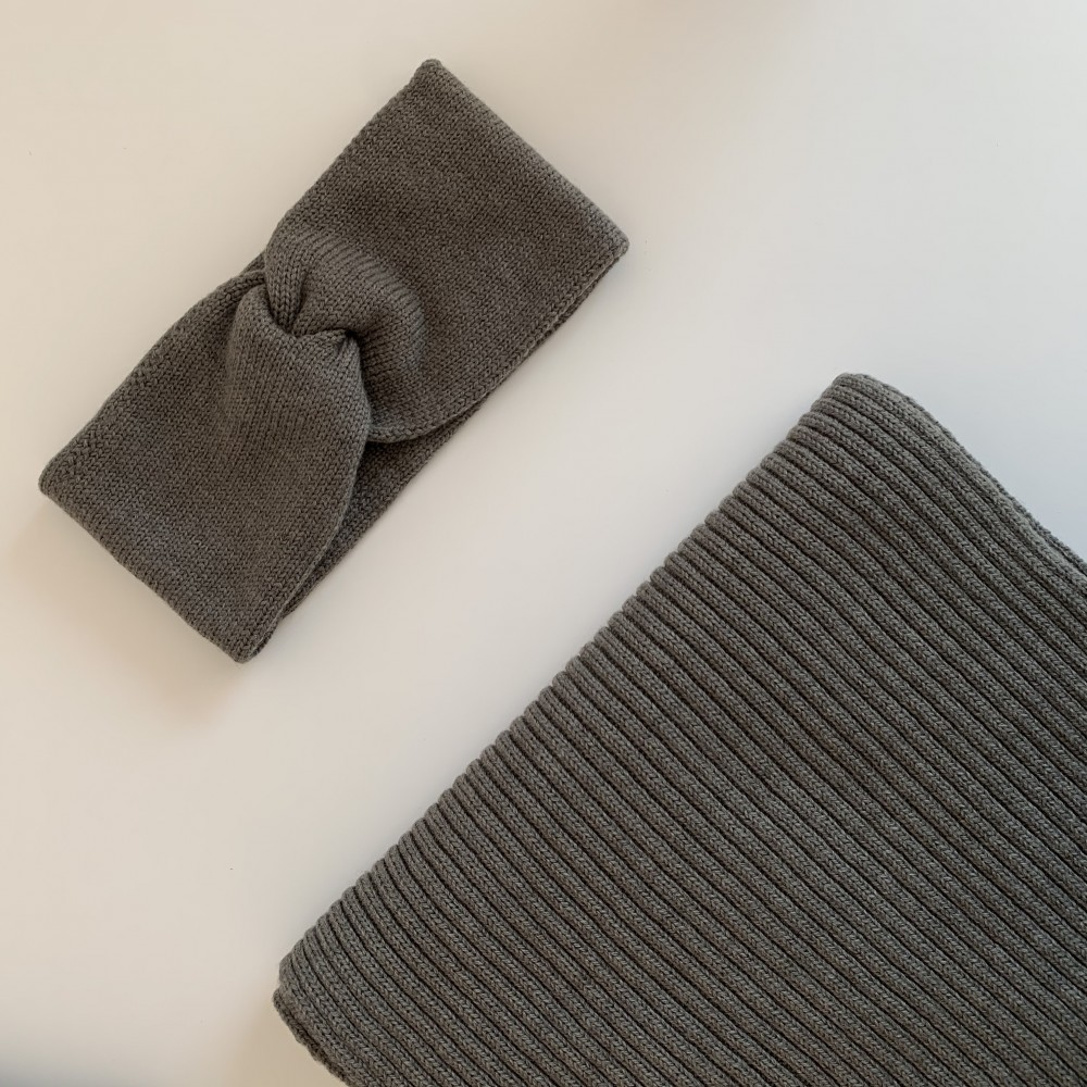 Grey-green set: scarf and headband, 100% merino wool